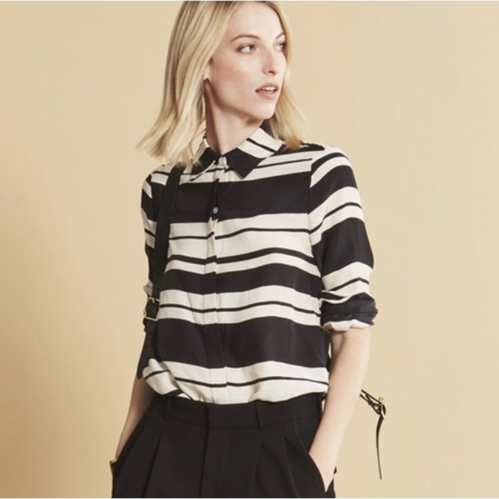 FRAME Denim Le Essential Blouse in Noir Sculpture Stripe 100% Silk s.S NWOT - Picture 8 of 10